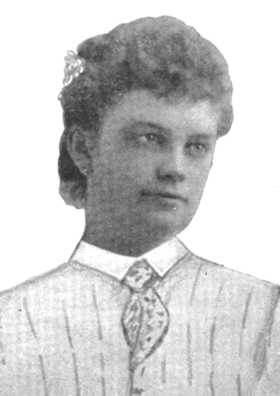 Bertha Crouch, from an 1892 publication; a young white woman with curly hair in an updo, wearing a drawn-on shirtwaist and nectie