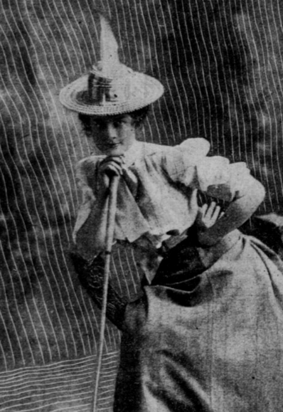 Bertha Crouch Chase, from a 1900 publication; a white woman wearing a brimmed cap and a lightcolored shirtwaist and skirt, holding a golf club, seated and bending forward, one hand on her hip