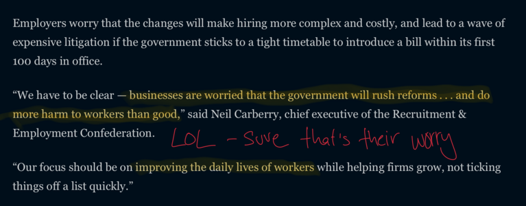 Screenshot of a FT article about labour law reforms and claims by business that they are worried about workers.