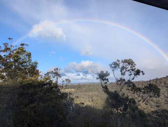 Earlier there was a different rainbow. The partly shaded foreground is natural bushland, and clouds/falling rain cover most of the sky.