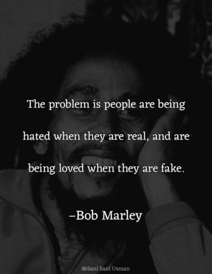 The problem is people are being hated when they are real, and are being loved when they are fake. 

- Bob Marley 