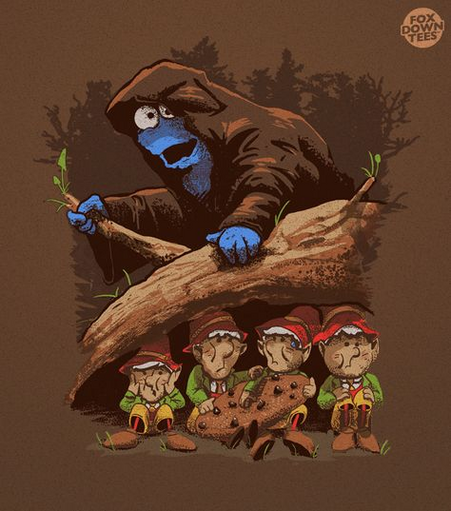 Four Keebler Elves with a large cookie hiding under a log from a dark, hooded Cookie Monster