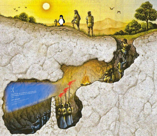 An image of Plato's cave allegory where the shadows on the wall of the cave is the Blue Screen of Death from the Windows operating system, projected by Crowdstrike icons on top of prison guards' staves. Tux, the Linux mascot, sits above the cave, in the true reality, basking in the sunshine.
