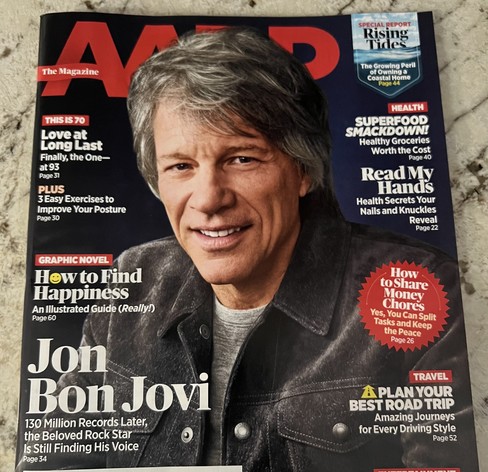 A picture of an AARP magazine with Jon Bon Jovi on the cover