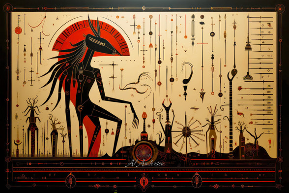 This is a digital artwork featuring the abstract form of Kokopelli, a figure from Native American folklore, stylized in a hieroglyphic fashion. Dominant colors are red, black, and gold. The central figure is surrounded by various symbolic elements and tribal motifs that seem to float against a dark background, suggesting an ancient storytelling tapestry. This piece merges tribal tradition with abstract artistry.
