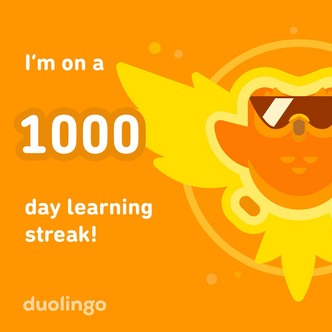 A badge: a 1000 day learning streak on Duolingo 