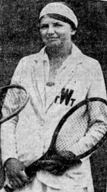 Fanny Curtis, from a 1925 newspaper; a young white woman in tennis gear, holding a tennis racket