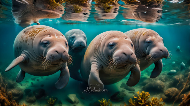 Four manatees swim close to the surface in clear, sunlit waters. They are viewed head-on, showing their gentle expressions and detailed features against a backdrop of underwater vegetation and reflected skies.