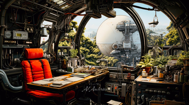 A high-tech research ship’s interior features advanced control panels and a vibrant orange chair. A large, circular window reveals a lush alien landscape with dense greenery and a massive spherical research facility. The scene blends cutting-edge technology with the natural beauty of an exoplanet.