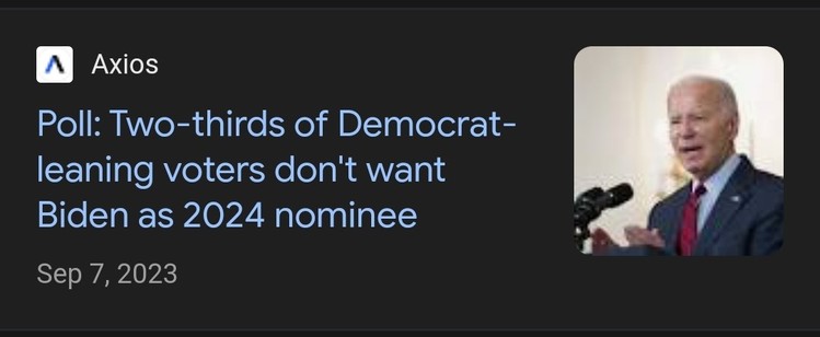 Screengrab from Google News search of an Axios headline from September 7th, 2023 -

Poll: Two-thirds of Democrat-leaning voters don't want Biden as 2024 nominee.