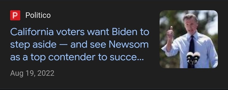 Screengrab from Google News search of a Politico headline from August 19, 2022 -

California voters want Biden to step aside - and see Newsom as a top contender...