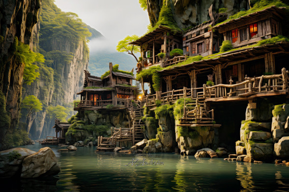 Digital artwork of a bamboo house built into the rocky terrain of a lush Southeast Asian river canyon. Traditional wooden structures with thatched roofs and rustic balconies overlook calm river waters, surrounded by towering, moss-covered cliffs.