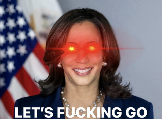 A photo of current vice president Kamala Harris with red lens spares over her eyes and the words “let’s fucking go super imposed at the bottom of the image.