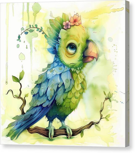 Digital watercolor art of a colorful parrot perched on a branch amidst a dreamy, watercolor-like backdrop. Whimsical bird art by Lisa S Baker.