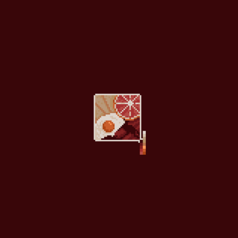 Image of a breakfast rocking a sunny side up egg, some toast slices, sausages with sauce on them and half a blood orange. They are all squished into a 30x30 pixel frame since every single pixel was supposed to be occupied.