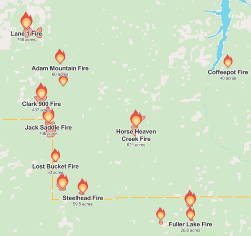 Map screen shot from Watch Duty showing eleven large wildfires in the Calapooia Mountains of Oregon