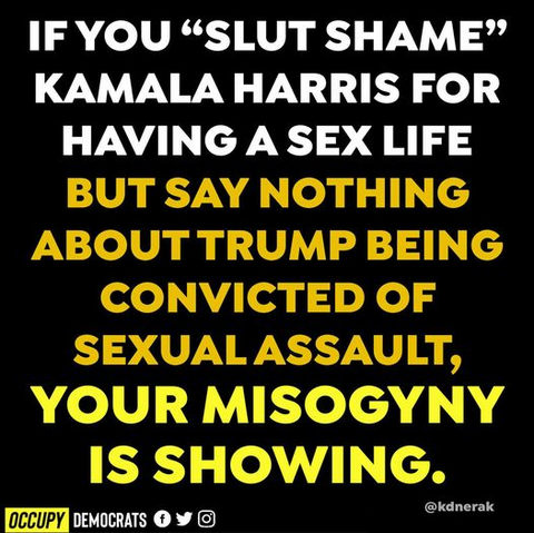IF YOU “SLUT SHAME” KAMALA HARRIS FOR HAVING A SEX LIFE BUT SAY NOTHING ABOUT TRUMP BEING CONVICTED OF SEXUAL ASSAULT, YOUR MISOGYNY IS SHOWING. 

@kdnerak 