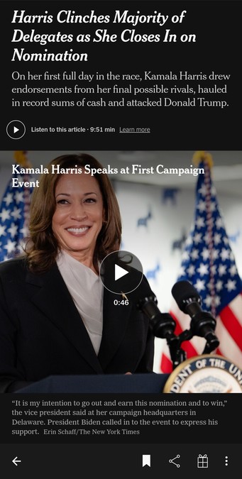 Harris Clinches Majority of Delegates as She Closes In on Nomination.

On her first full day in the race, Kamala Harris drew endorsements from her final possible rivals, hauled in record sums of cash and attacked Donald Trump.

