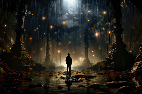 An ethereal forest scene at twilight with a solitary male figure standing in the center. Tall, dark trees with dense undergrowth surround him, and a gentle stream reflects the golden light cascading from above. The air sparkles with the light of numerous fireflies, adding a magical glow to the mysterious setting.