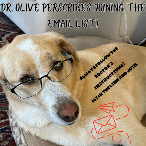 Dog wearing classes. Text- Dr. Olive prescribes joining the email list.  Always follow the doctors instructions! Click the link and join. 