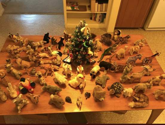 A table covered with stuffed animals by Steiff in Germany. 