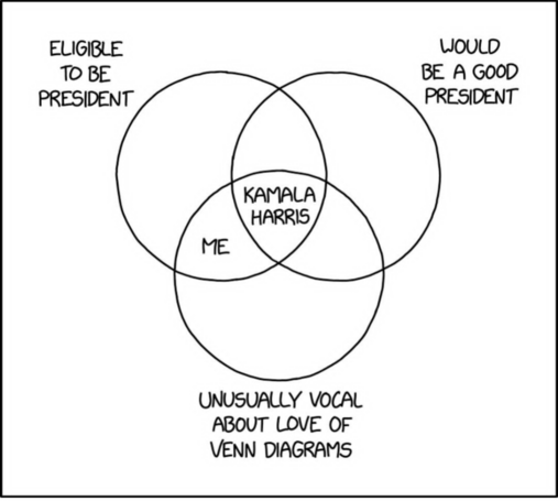 A Venn diagram illustrating the importance and value of Kamala Harris's candidacy in the US (while also sharing a self-deprecating nod to the artist as 