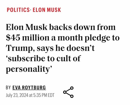 Elon Musk backs down from $45 million a month pledge to Trump, says he doesn't 'subscribe to cult of personality'