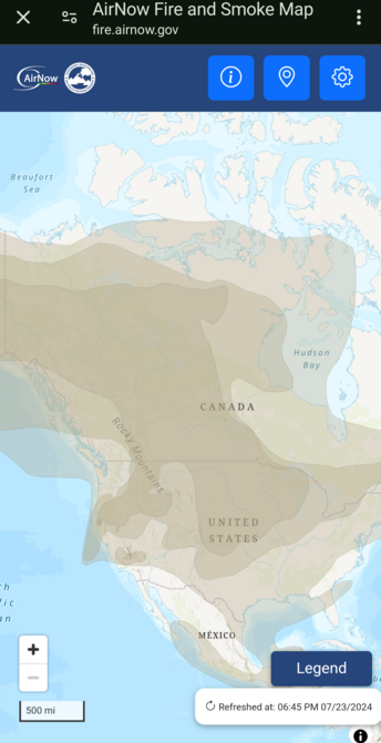 Current NOAA smoke plume map showing most of North America covered in smoke from fires