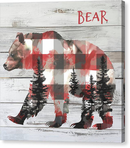 Mixed Media painting of a bear silhouette, filled with a red and white plaid pattern, incorporates images of pine trees against a wooden background. The word 