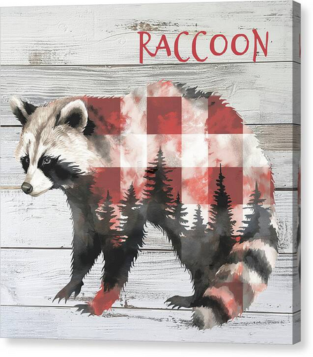 A mixed media painting of a raccoon with a plaid pattern overlay featuring a forest silhouette is depicted against a wooden background. The word 