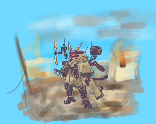 cyborg in cloak in ruined desert scene