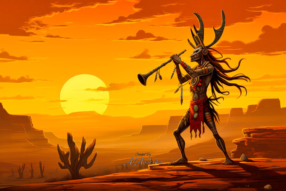 This digital artwork features Kokopelli, the Native American deity adorned with a horned headdress and flowing hair, playing a trumpet in the desert at sunset. The atmosphere is serene, with warm colors and a sense of age-old traditions being honored through music.