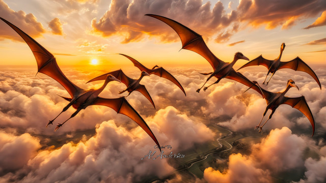 Digital painting of several pterodactyls flying above the clouds at sunset. The sky is aglow with warm, golden light that highlights the detailed wings and features of the pterodactyls. Below, a distant river meanders through a landscape obscured by clouds, enhancing the sense of height and freedom.