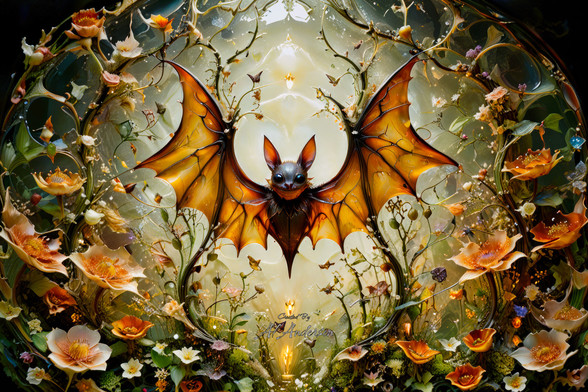 A digital painting of a mystical bat centered in a lush, enchanted garden under a glowing full moon. The bat's large, delicate wings spread wide, surrounded by brightly illuminated flowers and greenery that create a magical, surreal atmosphere. The scene combines elements of fantasy with detailed natural imagery.