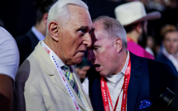 Zombies at Republican National Convention on July 17. Old creepy guy in white suit, taken on the persona of Roger Stone, other old creepy guy w/ mouth agape.