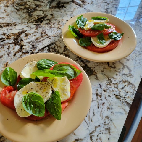 Homegrown tomatoes and basil, topped with fresh mozzarella seasoned with fresh pepper, olive oil, and white balsamic.