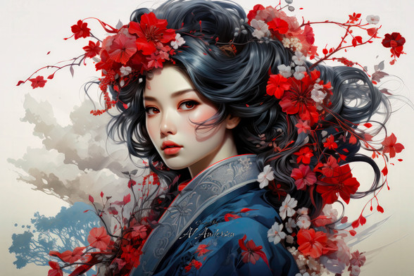A digital painting of a geisha adorned with vibrant red blossoms and wearing a detailed blue kimono. Her hair and attire seamlessly integrate with the flowers, set against a soft, nature-inspired grey background, creating a serene yet striking image.