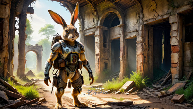 A hare-robot hybrid, resembling a mechanical rabbit with armor, explores a sunlit, overgrown urban ruin. The scene shows nature intertwining with crumbling architecture, highlighting a world where technology and wilderness merge. This evocative image paints a narrative of exploration and mystery in a post-apocalyptic setting.