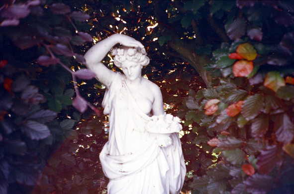 A white marble statue at the end of the garden located inside a hedge, shot on 35mm expired Kodak Ektachrome 100VS analog film with a Lomo Lc-a camera.
