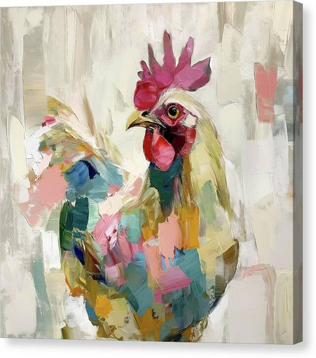 A painting of a vibrant and colorful rooster stands against a muted, abstract background. Whimsical bird art by Lisa S Baker.