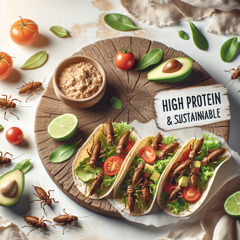 High-protein and sustainable locust tacos from The Entomophagy Table. This image showcases a delicious, eco-friendly recipe featuring locusts, fresh vegetables, and avocado, emphasizing the benefits of insect-based cuisine. Explore more recipes at The Entomophagy Table.