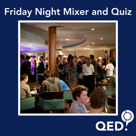 Graphic with a photo of lots of people chatting at the QED mixer