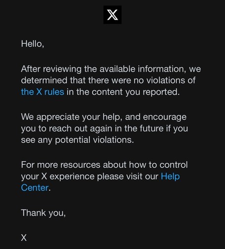 A notification from platform X informing a user that no violations were found in the reported content and providing a link to the Help Center for more resources.