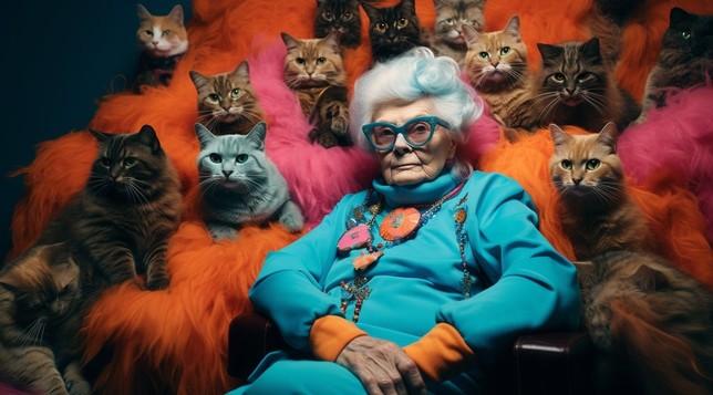 Elderly woman with a confident, untroubled look, sitting in a large love seat surrounded by 14 cats