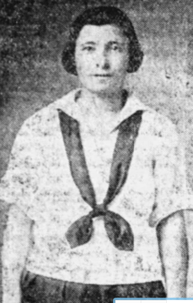 Anne Harwick, from a 1922 newspaper; a young white woman in athletic kid, including a white middy blouse with a dark scarf