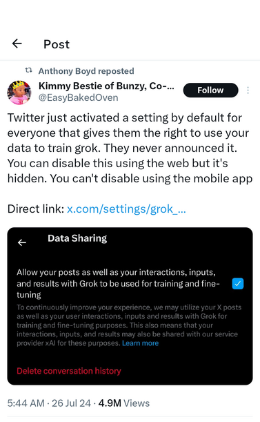 Twitter just activated a setting by default for everyone that gives them the right to use your data to train grok. They never announced it. You can disable this using the web but it's hidden. You can't disable using the mobile app