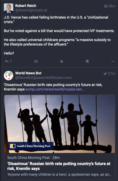Sequential posts on Mastodon... first one from Robert Reich stating:

J.D. Vance has called falling birthrates in the U.S. a 