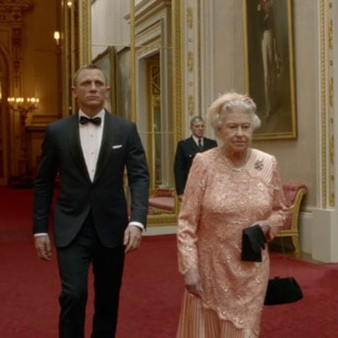 Queen Elizabeth with James Bond and her Corgis