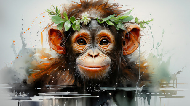 Digital watercolor painting of a baby chimpanzee wearing a floral crown. The portrait features expressive brown eyes, a gentle smile, and is enhanced with vibrant splashes of color and green foliage, creating a whimsical and engaging artwork.