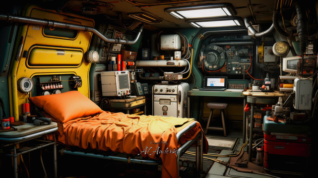 A detailed sci-fi scene depicting the living quarters of a researcher on an exoplanet research ship. The cozy cabin features a bed with orange bedding, surrounded by advanced control panels, monitors, and various gadgets. The space is compact and meticulously organized, blending comfort with high-tech functionality. 